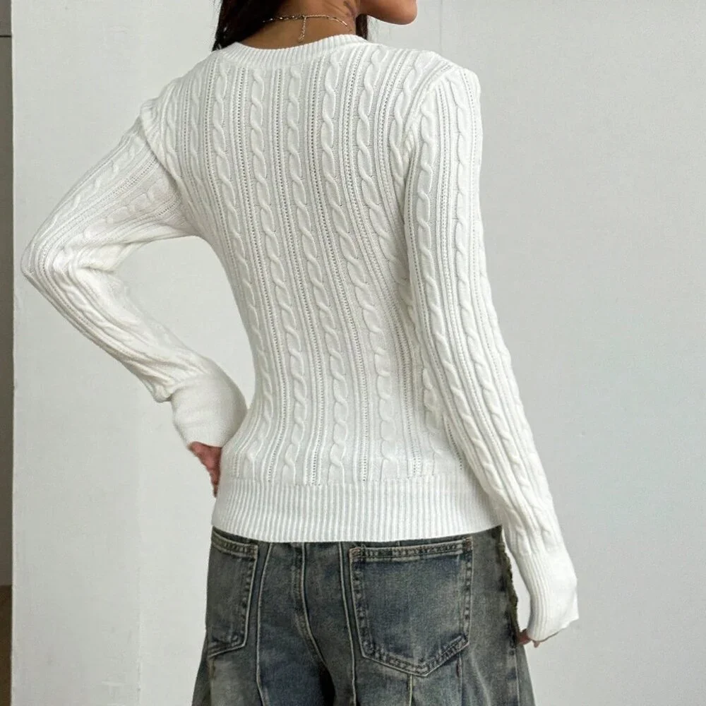White Casual Women's Preppy Y2k Renaissance Fair Club V-Neck Sweater